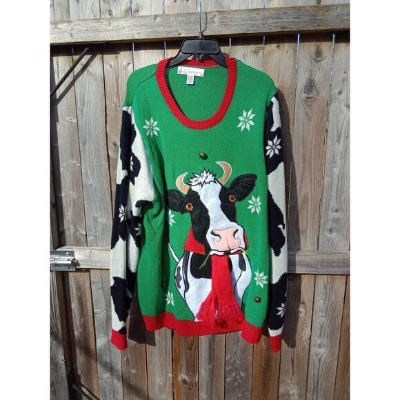 Ugly Christmas Sweater Cow w/Jingle Bells Jolly Sweaters XL Red & Green Party - Picture 2 of 6